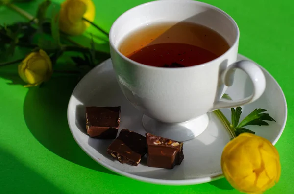 Une tasse de thé noir, des morceaux de chocolat et des fleurs jaunes de Trollius europaeus sur fond vert. Chocolat jour et thé du matin . — Photo