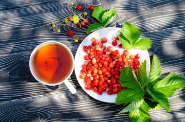 Tahta bir masanın üzerinde yabani olgun çilekler ve bir fincan çay. Terasta güneşli bir günde parlak gölgeler.