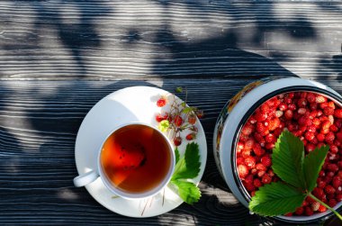 Tahta bir masanın üzerinde yabani olgun çilekler ve bir fincan çay. Terasta güneşli bir günde parlak gölgeler.