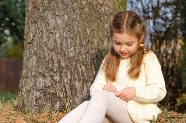 Девочка сидит под сосной на осенней поляне и играет с конусами. Яркий солнечный день. Осенний сезон. — стоковое фото