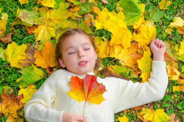 Маленькая девочка лежит на опавших листьях и улыбается. Яркие желтые, оранжевые листья карточек в осеннем парке. — стоковое фото