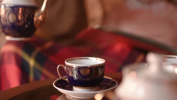 Das Paar versteckt sich hinter einer Decke, trinkt Tee und sieht Foto — Stockvideo