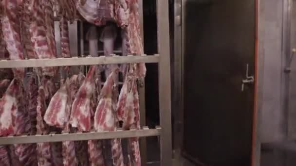 Carne defumada, costelas fumadas no armazém da fábrica . — Vídeo de Stock