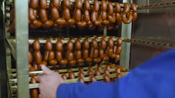 Поливание ртом копченых колбас на фоне мясной фабрики — стоковое видео