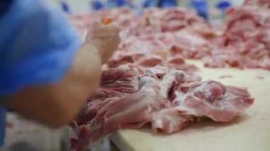 Kasaplar et fabrikasında domuz eti kesme.