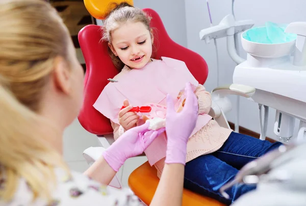 Dentista muestra a la niña cómo limpiar los dientes con un cepillo de dientes en un maniquí de mandíbula artificial — Foto de Stock