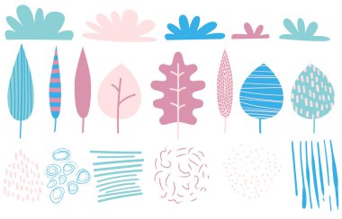 Karikatür tarzı illüstrasyon öğeleri ile bulutlar, yaprakları ve soyut ifadeler, işaretler, yamalar için rakamlar, beyaz arka plan üzerinde çıkartmalar. Modaya uygun Modern Stil şablon kümesi. Çocukça desen öğeleri