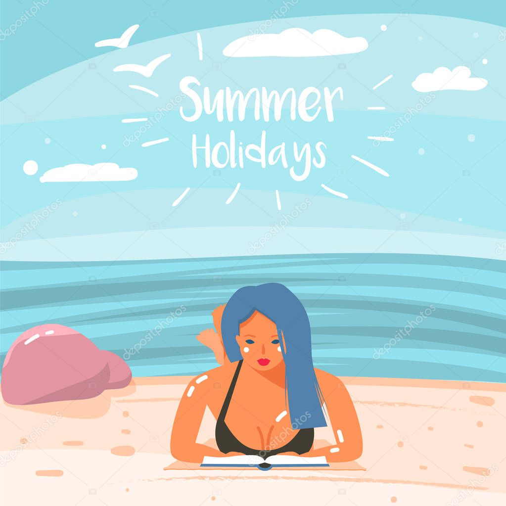 Hand Drawn Vector Abstract Cartoon Summer Time Graphic Illustration Art Template Background with a Girl, Relaxing on a Beach Scene with Summer Holidays Typography Quote