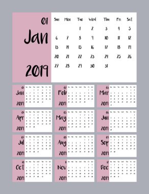2019 yeni yıl takvim temiz Minimalist tablo. Basit tarzı ve pembe renk. Tatil olay planlayıcısı. Hafta başlar Pazar. Çocukça yazı ile grafik tasarım şablonu.