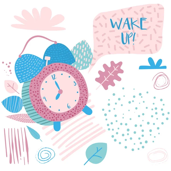 Wake up Banner. Alarm Clock in Hand Drawn Retro Comic Style. Cartoon Vector Illustration. Objects on Isolated Background in Childish Style