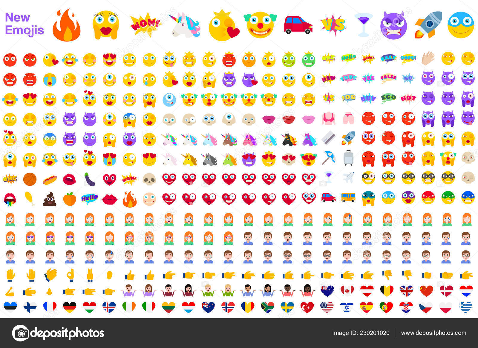 新现代埃莫吉斯的大集合表情符号平面矢量插图符号所有世界的情绪在黄色和紫罗兰表达独角兽图库矢量图©ober-art 230201020