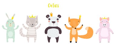 Panda, kedi, tavşan, domuz ve Fox karakter birlikte kron içinde kalıyor. Şirin moda modern iki hayvan çocukça stil karikatür. Baskı, Web, App ya da herhangi bir dijital tasarım manipülasyon için mükemmel.
