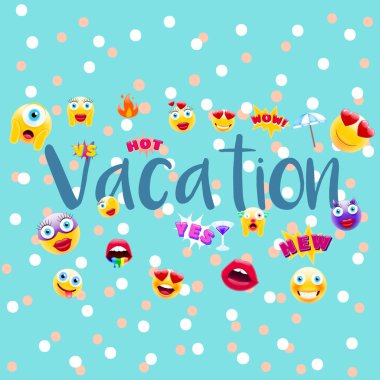 Tatil Poster veya kartpostal! Tatil zamanı tasarım çok benzersiz Emojis ile. Modaya uygun bir tarzda varlıklar için tatil işareti.