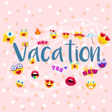 Tatil Poster veya kartpostal! Tatil zamanı tasarım çok benzersiz Emojis ile. Modaya uygun bir tarzda varlıklar için tatil işareti.