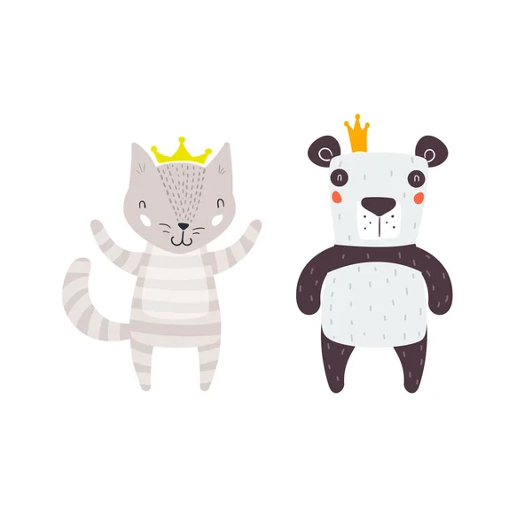 Personajes Panda Cat Permaneciendo Juntos Coronas Dos Animales Lindo Estilo — Vector de stock