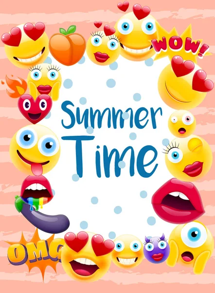 Sommerzeit Poster Oder Postkarte Sommerdesign Mit Vielen Einzigartigen Emojis Ferienschild — Stockvektor