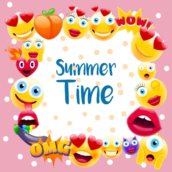 Sommerzeit Poster Oder Postkarte Sommerdesign Mit Vielen Einzigartigen Emojis Ferienschild — Stockvektor