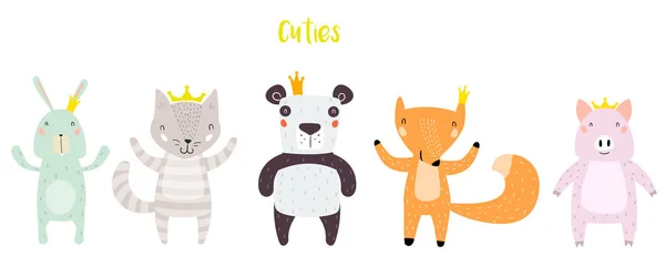 Panda Cat Bunny Pig Fox Characters Staying Together Crowns Inglés — Vector de stock