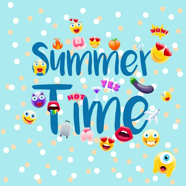 Sommerzeit Poster Oder Postkarte Sommerdesign Mit Vielen Einzigartigen Emojis Ferienschild — Stockvektor