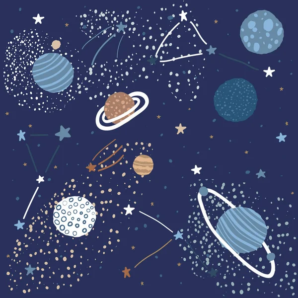 Gyerekes Minta Tér Elemeket Mint Csillagok Bolygók Csillagképek Kreatív Elvont — Stock Vector