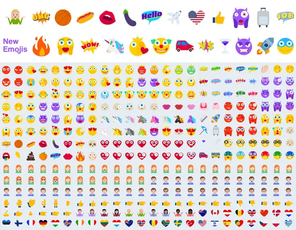 Yeni Modern Emojis büyük kümesi. İfadeler düz vektör çizim sembolleri. Sarı, kırmızı ve mor ifadelerde tüm dünya duygular. Kalpler, kafatasları, tatil, Satılık, yeni karşı tek boynuzlu atlar, palyaçolar