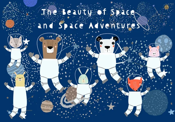 Sevimli Komik Hayvanlar Tipografi Çocukça Tarzı Ile Uzayda Çekilmiş Beyaz — Stok Vektör