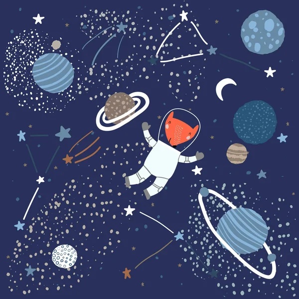 Παιδικό Μοτίβο Αλεπού Διαστημικά Στοιχεία Όπως Αστέρια Πλανήτες Και Αστερισμοί — Διανυσματικό Αρχείο