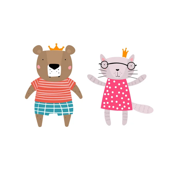 Bear Cat Characters Staying Together Crowns Inglés Dos Animales Lindo — Vector de stock