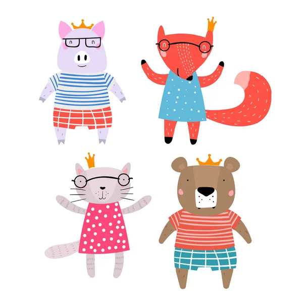 Personagens Porco Raposa Urso Gato Ficando Juntos Coroas Quatro Animais — Vetor de Stock