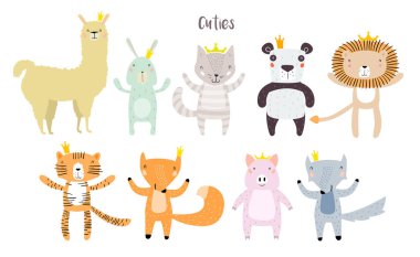 Lama, aslan, kaplan, kurt, Panda, kedi, tavşan, domuz ve Fox karakter birlikte kron içinde kalıyor. Şirin moda modern iki hayvan çocukça stil karikatür. Baskı, Web, App ya da herhangi bir tasarım için mükemmel