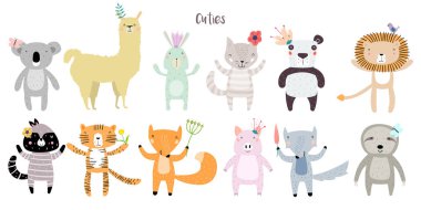 Lama, aslan, kaplan, kurt, Panda, kedi, tavşan, domuz, tilki, tembellik, Koala, rakun çiçekler ile birlikte kalıyorum. Şirin moda Modern hayvanlarda çocukça stil karikatür. Baskı, Web, uygulama vb. için mükemmel