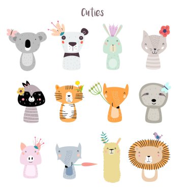 Lama, aslan, kaplan, kurt, Panda, kedi, tavşan, domuz, tilki, tembellik, Koala, rakun çiçekler ile birlikte kalıyorum. Şirin moda Modern hayvanlarda çocukça stil karikatür. Baskı, Web, uygulama vb. için mükemmel