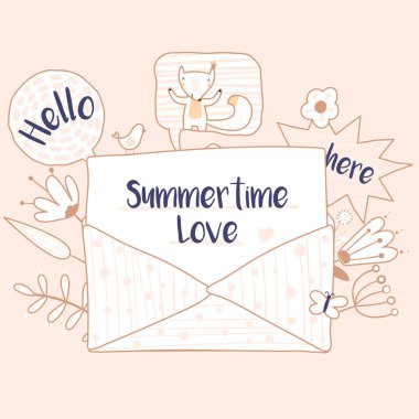 Elle çizilmiş bir sevimli zarf, düşen çiçekler, teklif yaz Illustration. Beyaz arka plan üzerinde izole nesneleri. Düz stil tasarım. Mevsim değişikliği için kavram, çocuklar yazdırma