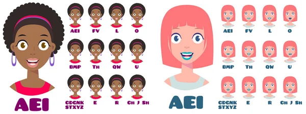 Cartoon Talking Black White Woman Espressioni Posizioni Animazione Vettoriale Bocca — Vettoriale Stock