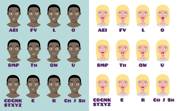 Cartoon Talking Black White Woman Man Expressions Posizioni Animazione Vettoriale — Vettoriale Stock
