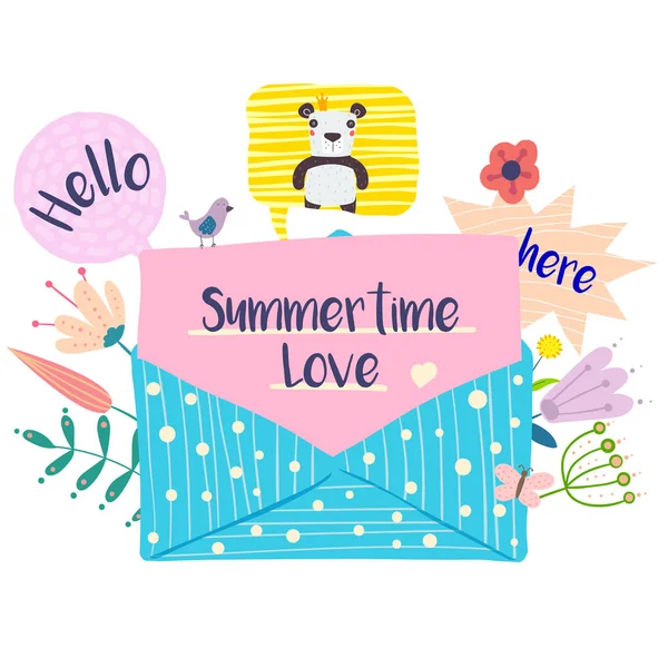 Hand Drawn Illustration Cute Envelope Falling Flowers Цитата Summer Изолированные — стоковый вектор