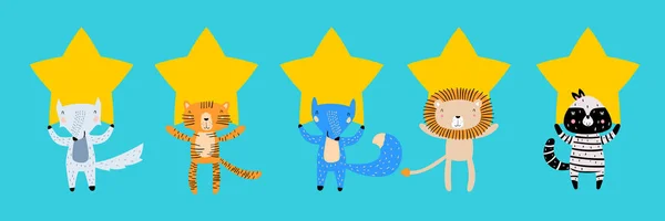 Five Stars Rating Flat Style Concept Animales Con Estrellas Revisión — Vector de stock