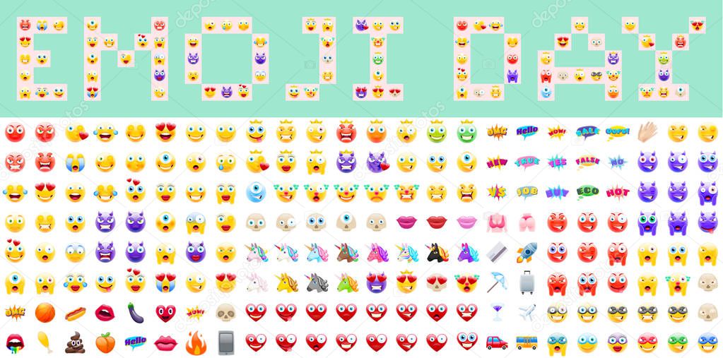 World Emoji Day Vector Illustration. July 17th. Lettering and Emoji Set for Digital or Print Project