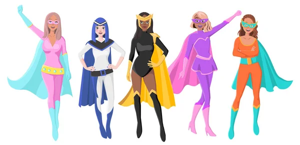 Set Of Five Different Female Superheroes - Stok Vektor