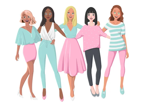 Groep van meisjes zijn Hugging. Vriendschap onder vrouwen. Vectorillustratie in een Cartoon-stijl. — Stockvector