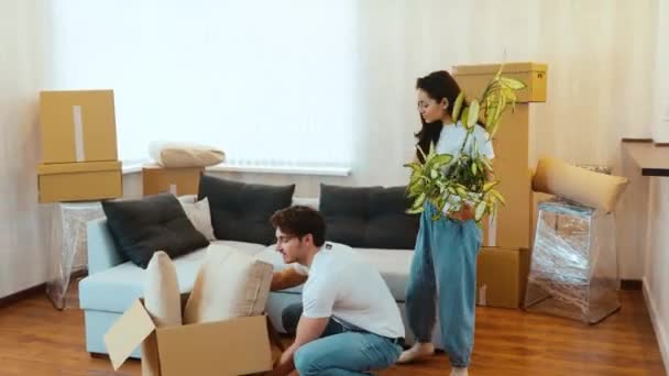 Junges Paar bezieht neue Wohnung Kerl tragen Kasten mit Kissen hinein und legen sie auf den Boden. Eine junge Frau folgt ihm mit einer Pflanze. Genießen Sie ihre neue Wohnung. — Stockvideo