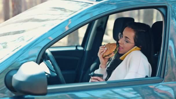 Mujer joven sentada en coche durante la pausa de viaje. Hablando por teléfono y comiendo hamburguesa. Beba té o café del termo. Conversación en línea. Comunicación . — Vídeos de Stock