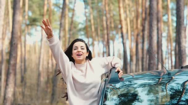 Νεαρή γυναίκα κάθεται στο αυτοκίνητο κατά τη διάρκεια του ταξιδιού διάλειμμα. Αργή κίνηση του ελκυστικού χαρούμενο κορίτσι σταθεί έξω από το παράθυρο του μηχανήματος και κραυγή της ευτυχίας. Χαιρέτα με τα χέρια και απόλαυσε ιππασία. — Αρχείο Βίντεο