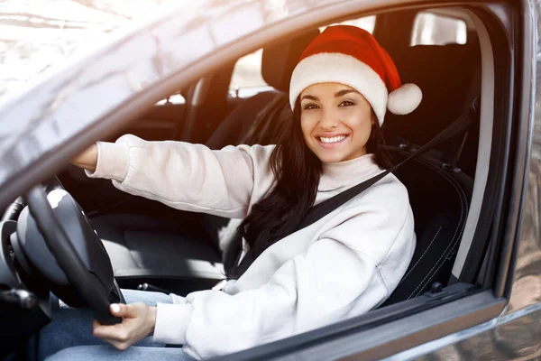 Mutlu yıllar ve mutlu Noeller. Bir kadın arabada oturuyor, kırmızı bir santaclaus şapkası takıyor ve gülümsüyor.