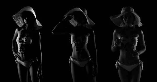 美人スリム20代の女の子ビキニ水着はアクセサリーとビッグストロービーチ帽子を保持し カメラを見てください モノクローム黒濃い背景 シルエットの影低露出 半体の肖像画のコラージュ — ストック写真
