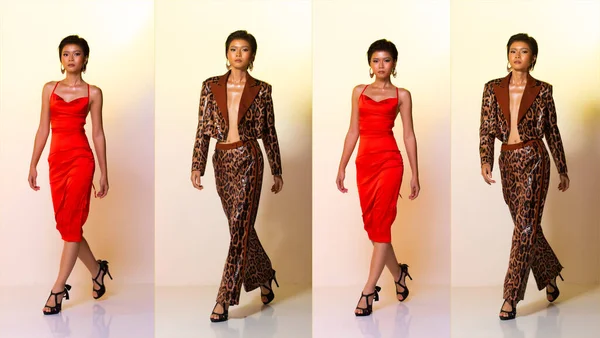 Collage Group Pack full length of Fashion Young tanned skin slim Asian Woman short hair wear Red gown and leopard tiger skin pattern jacket pants, walking forward high heels. Studio yellow Background