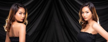 20 'li yaşlardaki Asyalı Kadın' ın kolaj grubu portresi siyah saç stiline ve modaya sahip, siyah perde arkası fotokopi alanı üzerine leopar desenli ceket giyiyor.