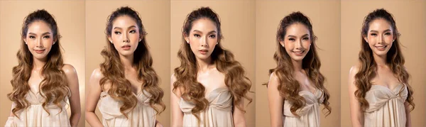 Five Collage Group Portrait of Fashion Asian Woman slim has beautiful brown blonde dying curl hair style from Stylish. Girl wears cream dress over Beige yellow Background copy space