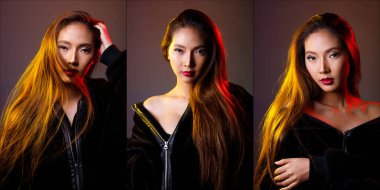 Üç Kolaj Grubu portresi Moda 20 'li yaşlardaki Asyalı kadın uzun düz sarı saçlı. Koyu pembe arka planda siyah ceket giyiyor, kırmızıyı gölgeliyor.