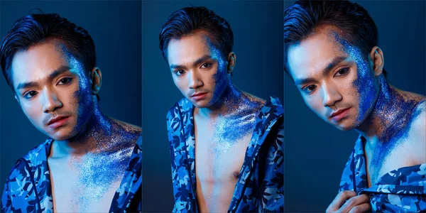 Collage Group Portrait of Fashion 20s Asian man Tan skin short black hair style, decorate with Blue glitter over face cheek. Close up Face shot with Blue lighting in studio